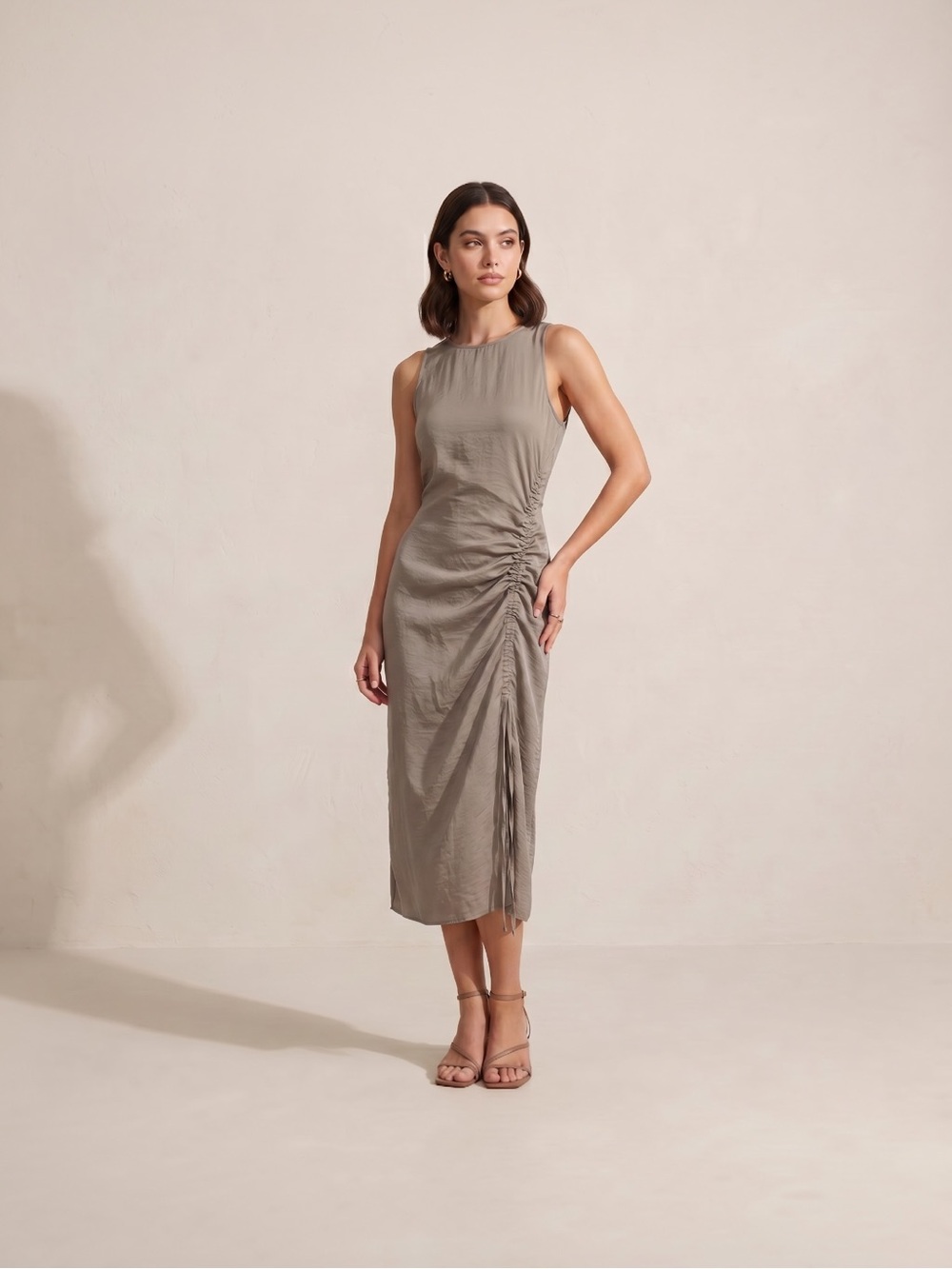 House of Harlow 1960 Ruched Satin Midi Dress Taupe Champagne Sleeveless Slit